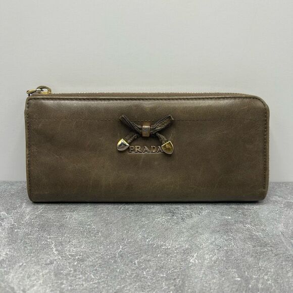 Prada Olive Green Leather Zip Around Long Wallet Bow Accent - Picture 1 of 15